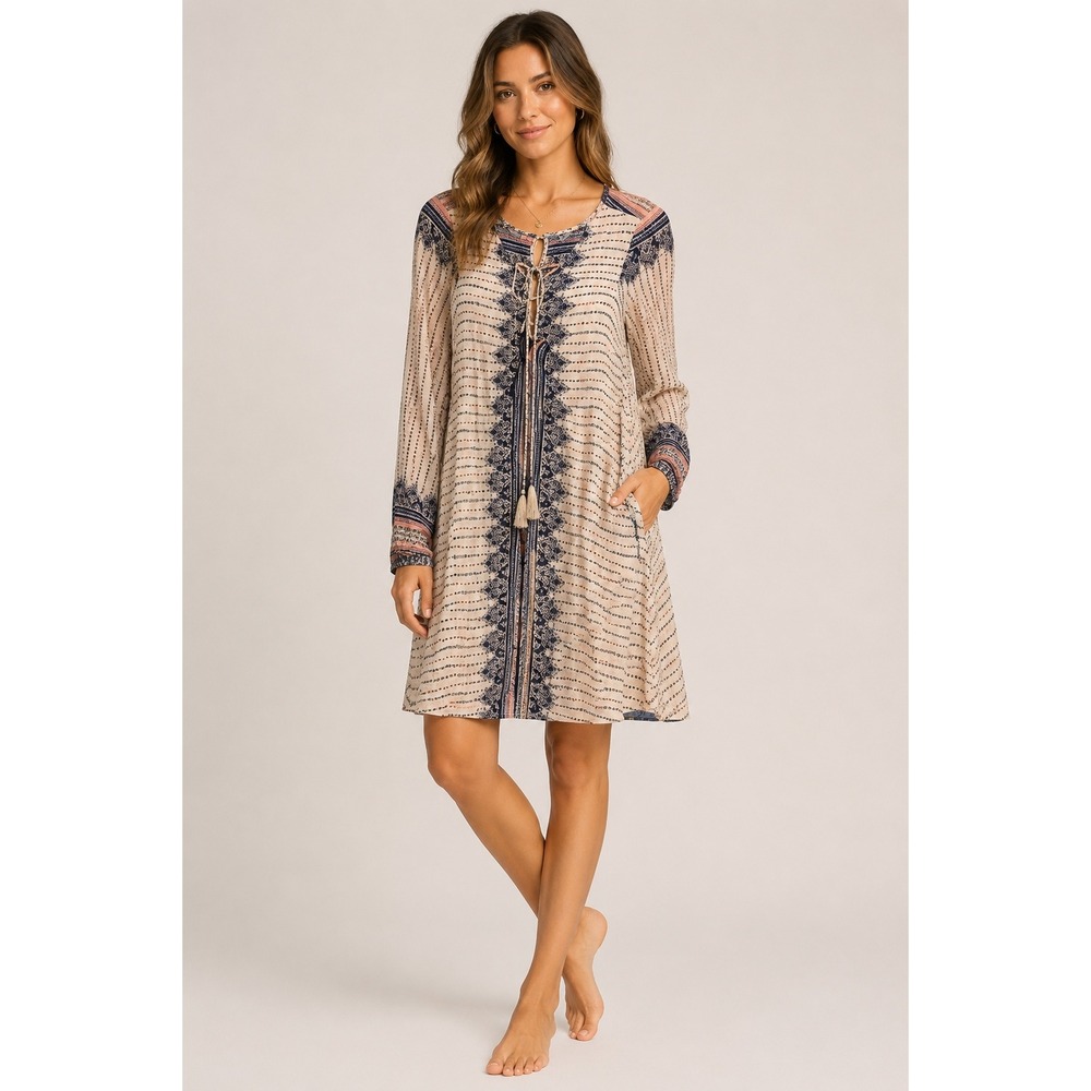 Rip Curl Boho Maxi Dress Cream Blue Pink Paisley Print Lace Up Long Sleeve L